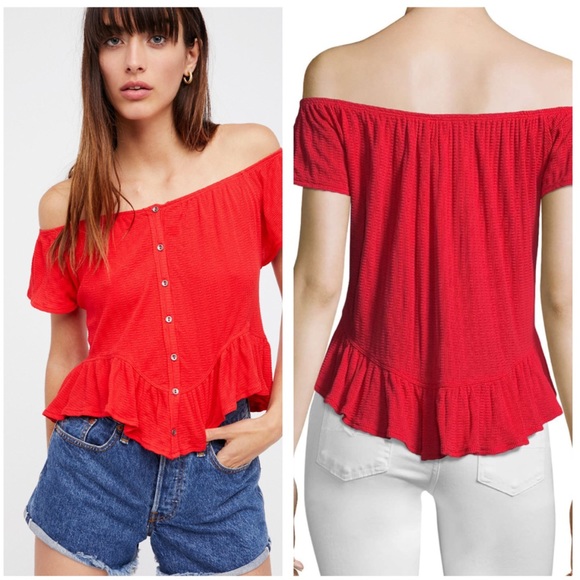 NWT Free People Red Ruffle Sleeves Top - Picture 3 of 7
